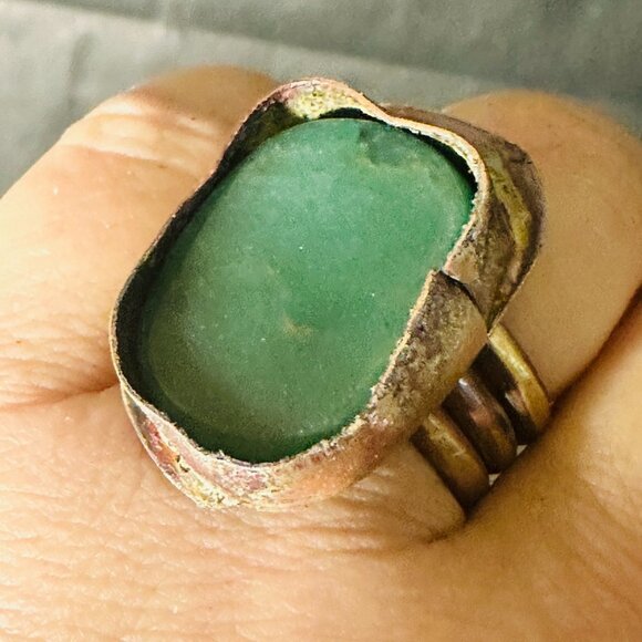 Genuine Jade Brass Copper Ring Size 8.5 Handmade Brutalist OOAK Artisan Rustic - Picture 10 of 10